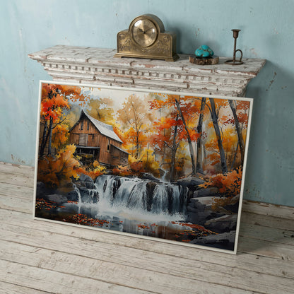 Cozy Cabin by Autumn Waterfall Canvas Print in white floating frame