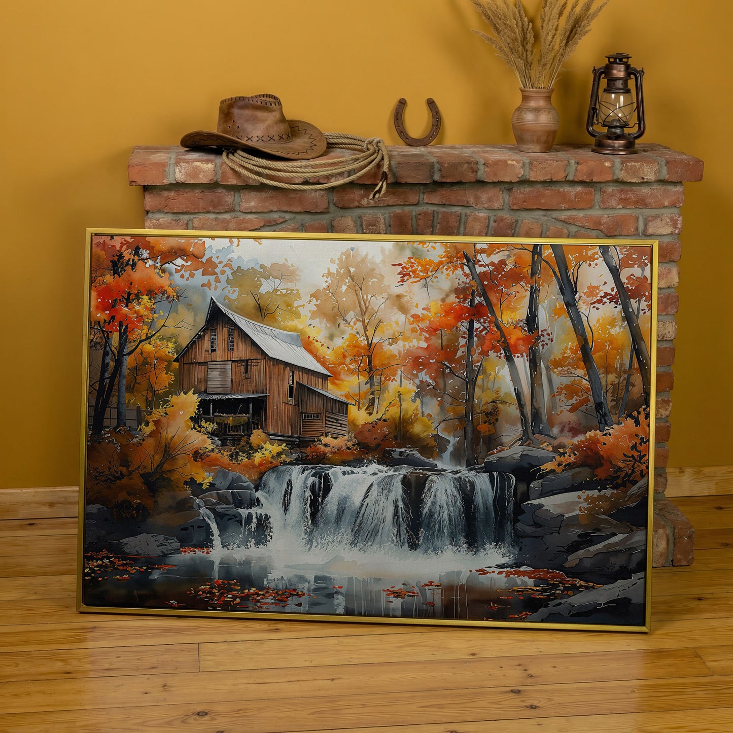 Cozy Cabin by Autumn Waterfall Canvas Print in yellow gold floating frame