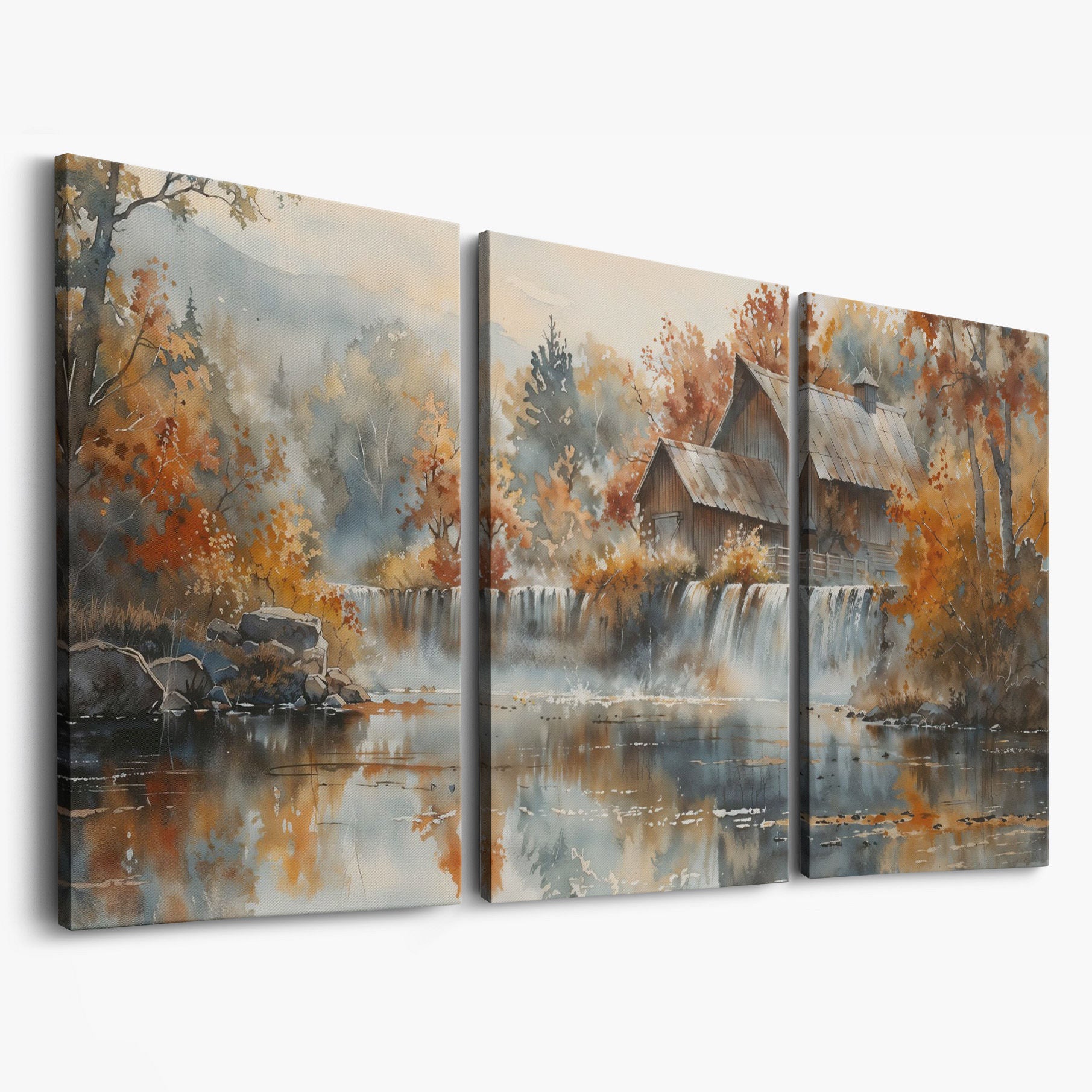 Rustic Cabin with Autumn Forest Waterfall Canvas as 3-panel split version