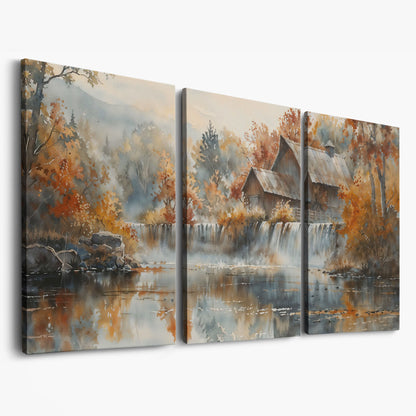 Rustic Cabin with Autumn Forest Waterfall Canvas as 3-panel split version