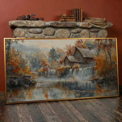 Rustic Cabin with Autumn Forest Waterfall Canvas in antique gold floating frame