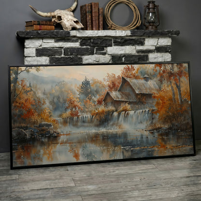 Rustic Cabin with Autumn Forest Waterfall Canvas in black floating frame