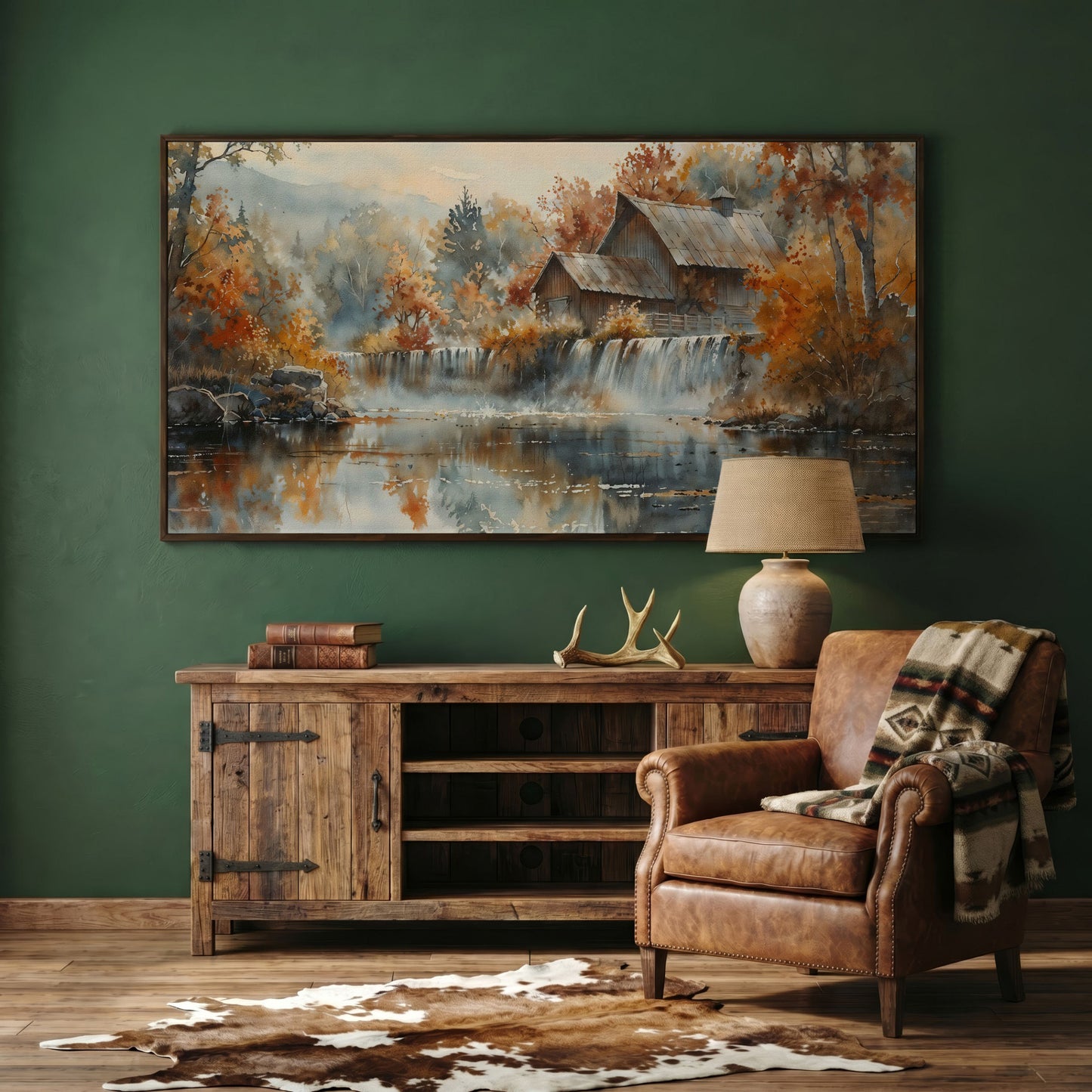 Rustic Cabin with Autumn Forest Waterfall Canvas in dark walnut floating frame