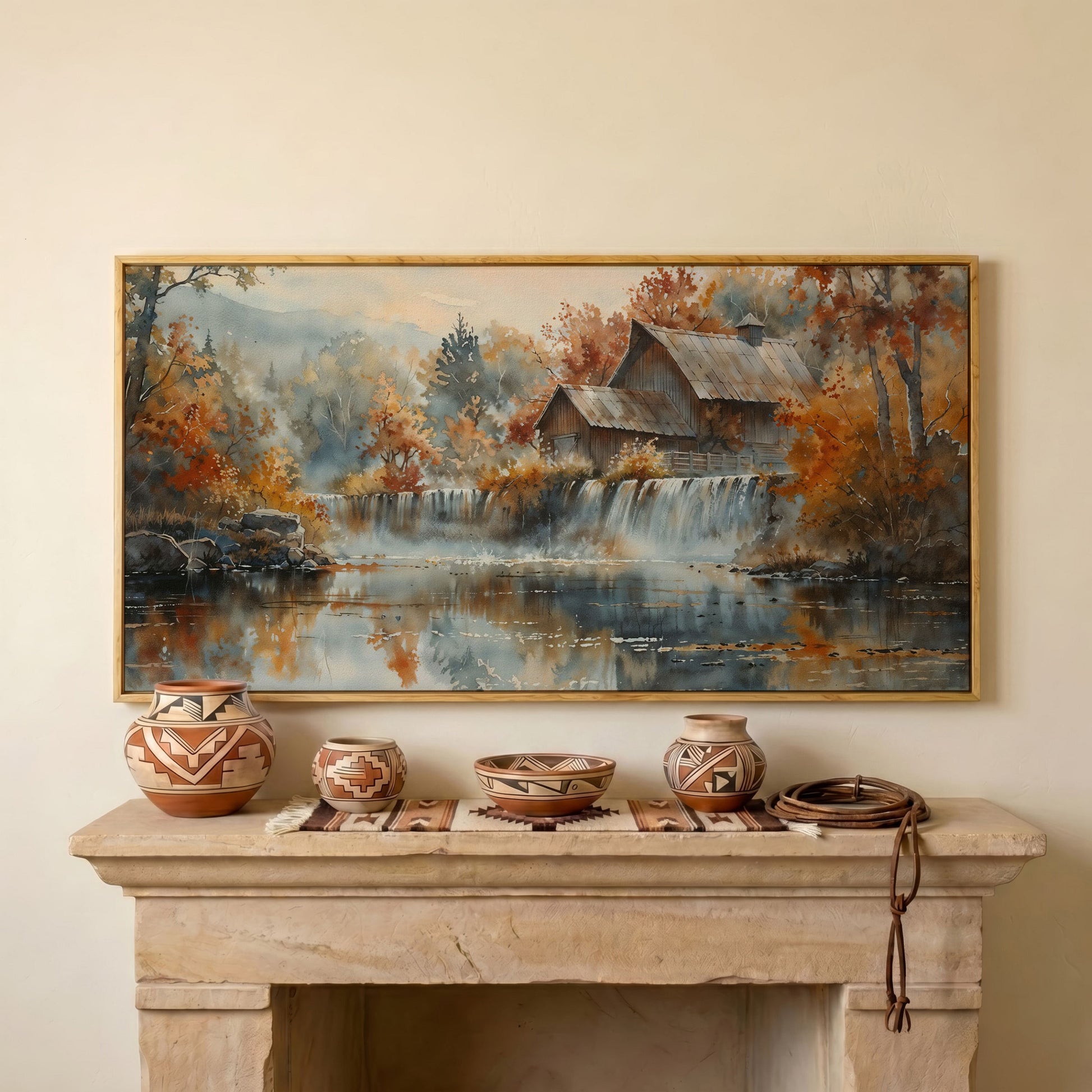 Rustic Cabin with Autumn Forest Waterfall Canvas in white oak floating frame