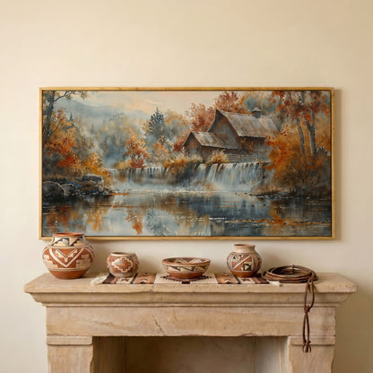 Rustic Cabin with Autumn Forest Waterfall Canvas in white oak floating frame