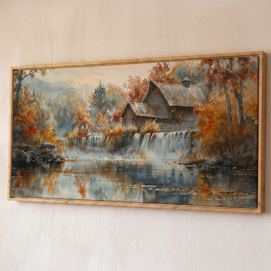 Rustic Cabin with Autumn Forest Waterfall Canvas shown in white oak floating frame