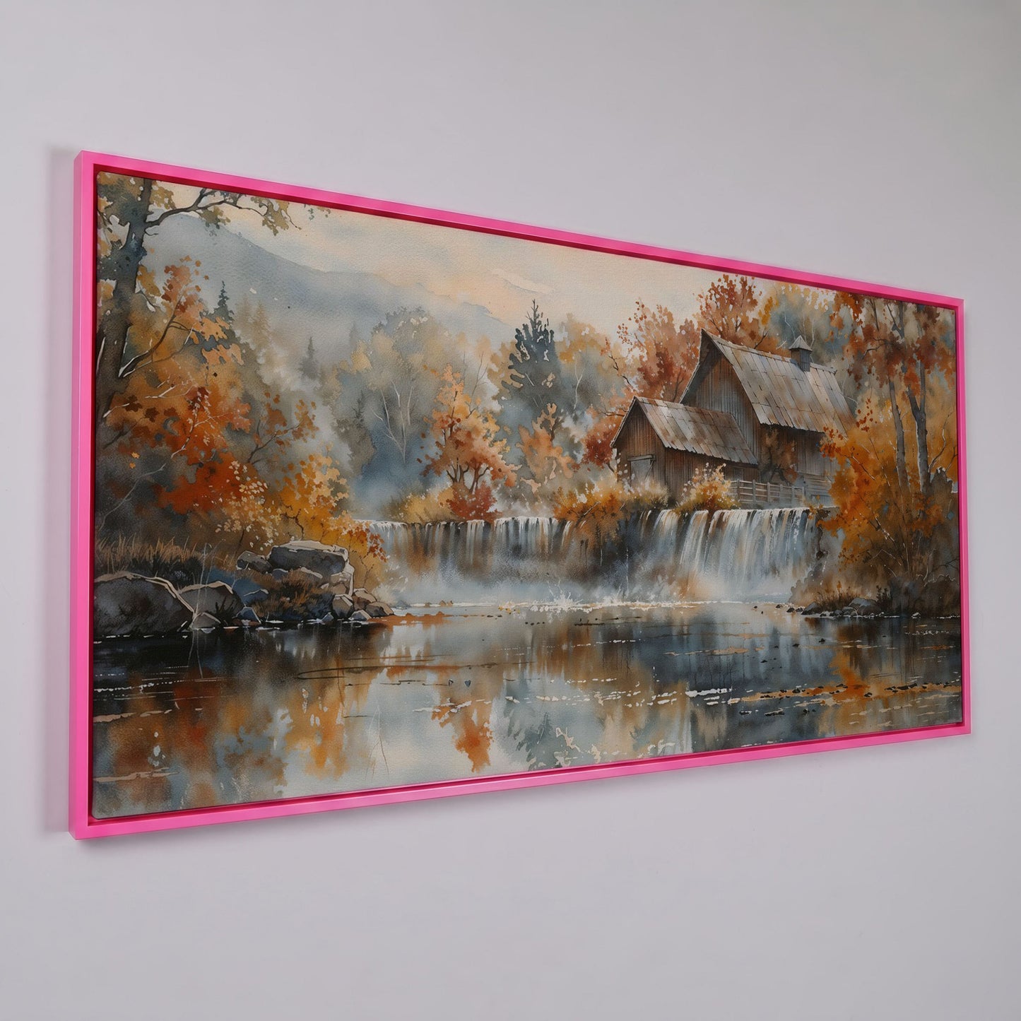 Rustic Cabin with Autumn Forest Waterfall Canvas in pink floating frame