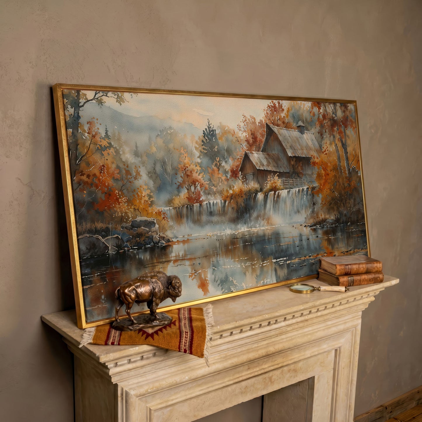 Rustic Cabin with Autumn Forest Waterfall Canvas in rose gold floating frame