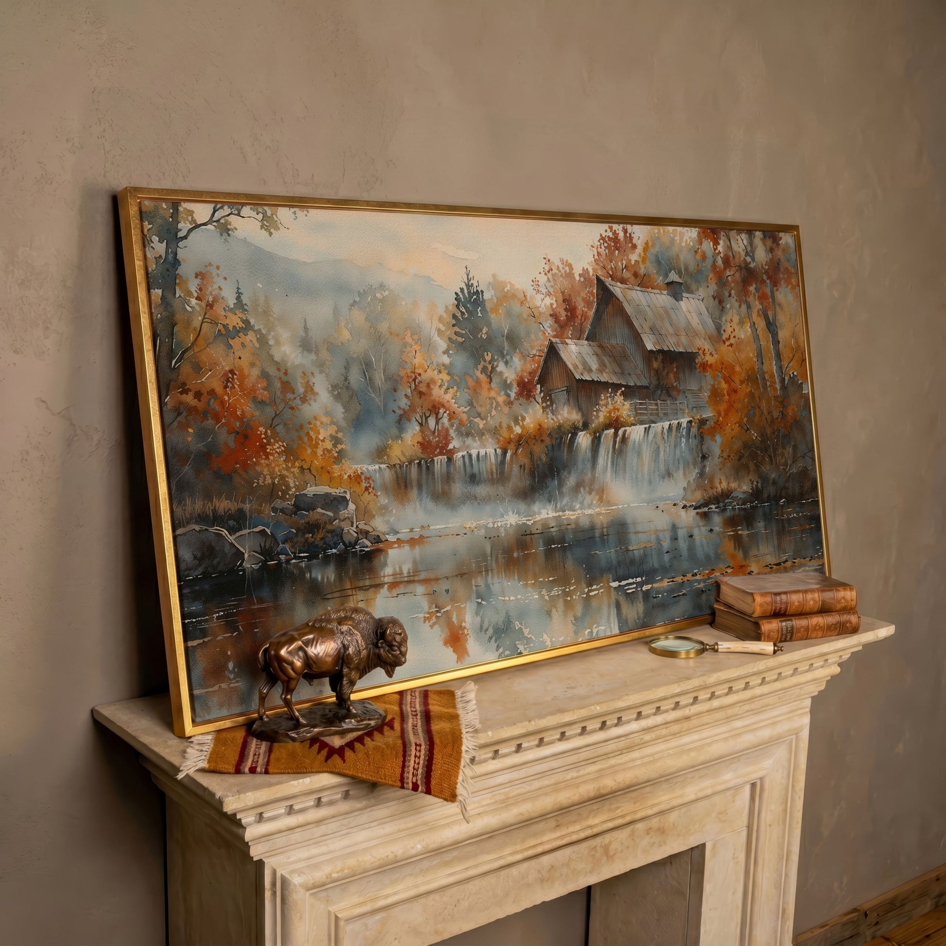 Rustic Cabin with Autumn Forest Waterfall Canvas in rose gold floating frame