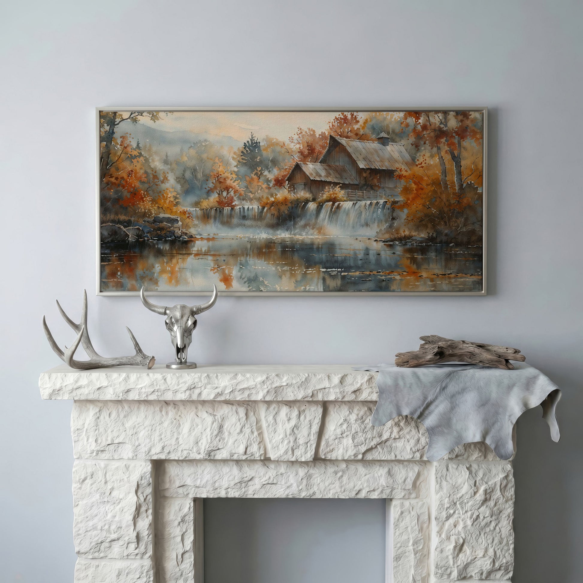Rustic Cabin with Autumn Forest Waterfall Canvas in silver floating frame