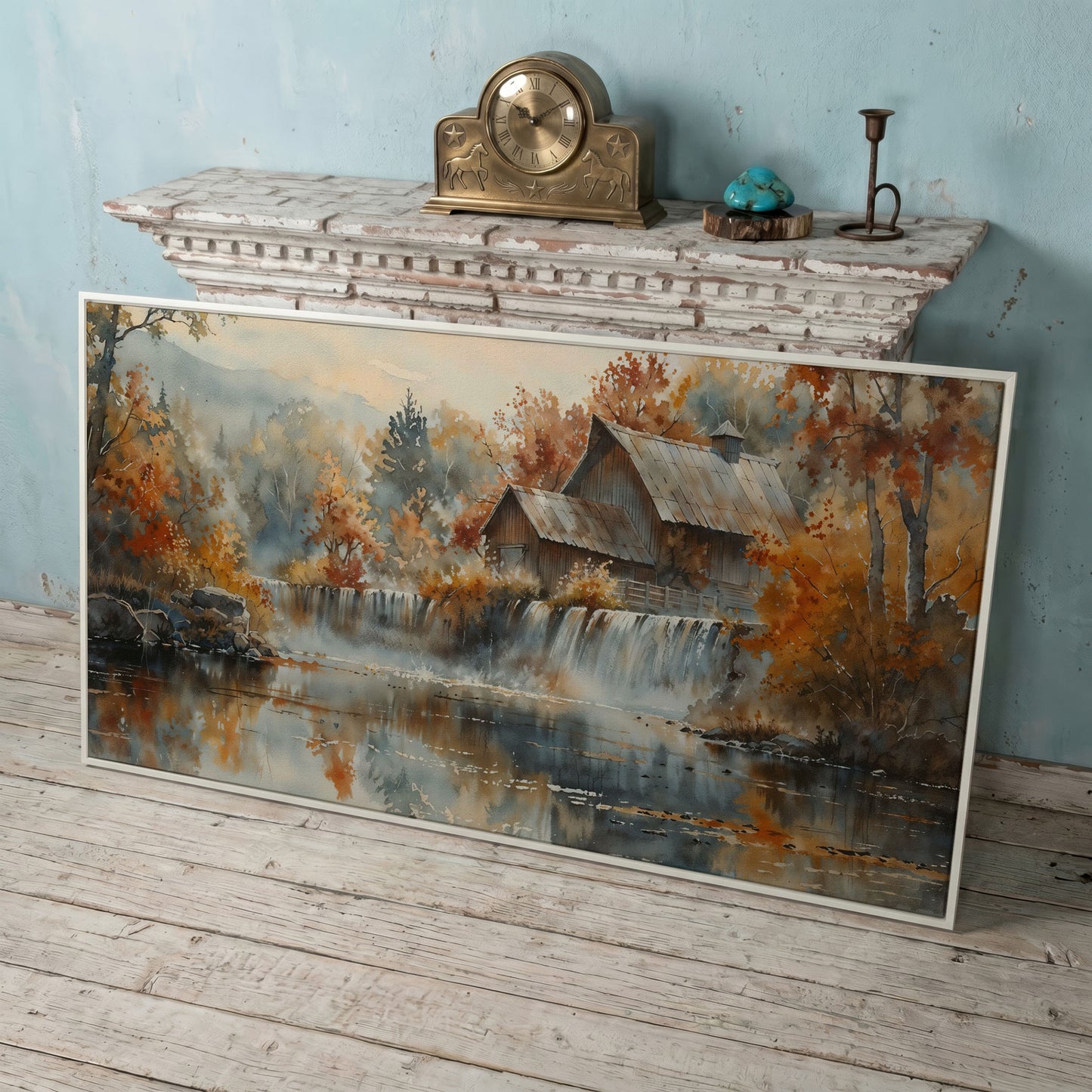 Rustic Cabin with Autumn Forest Waterfall Canvas in white floating frame