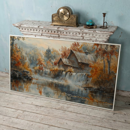 Rustic Cabin with Autumn Forest Waterfall Canvas in white floating frame