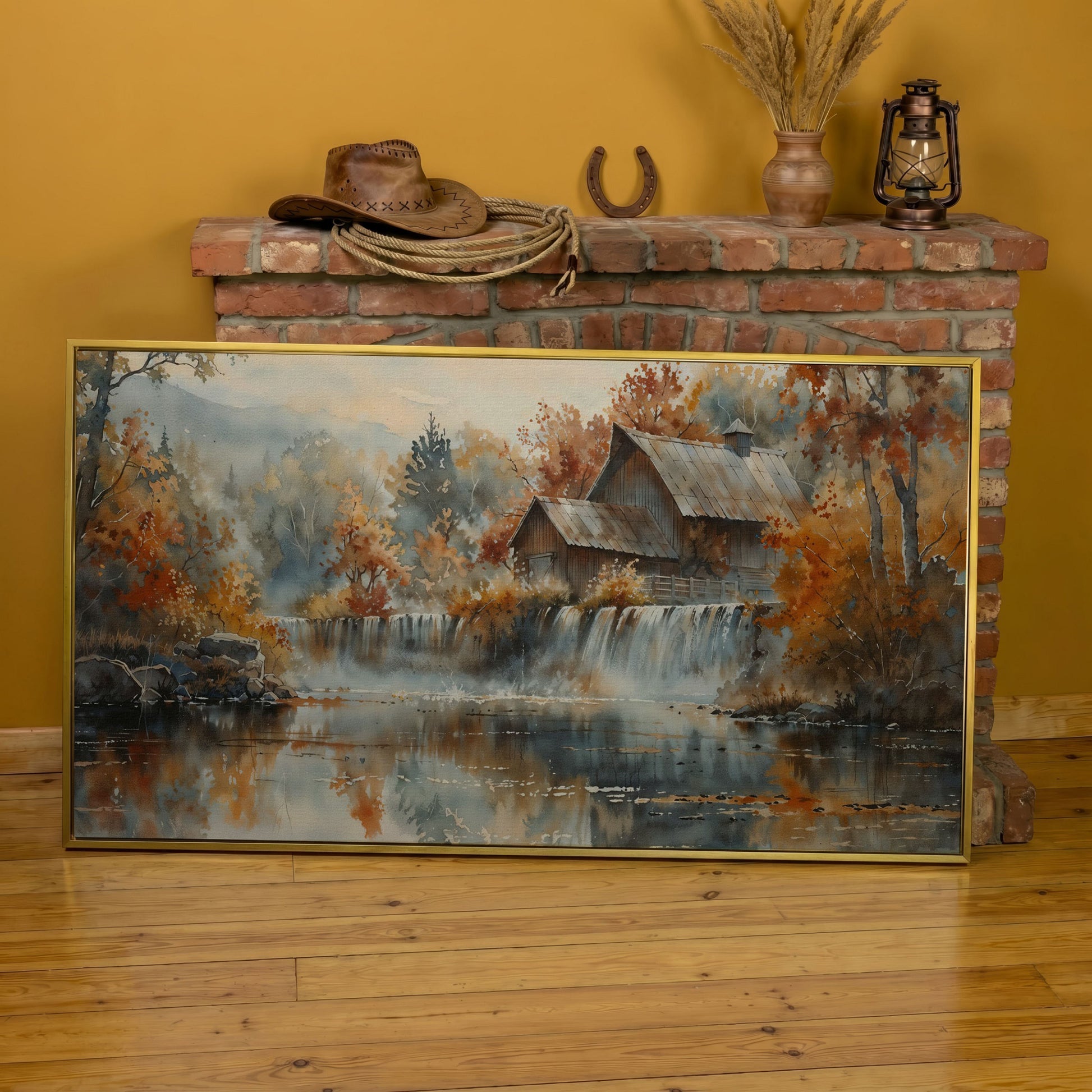 Rustic Cabin with Autumn Forest Waterfall Canvas in yellow gold floating frame
