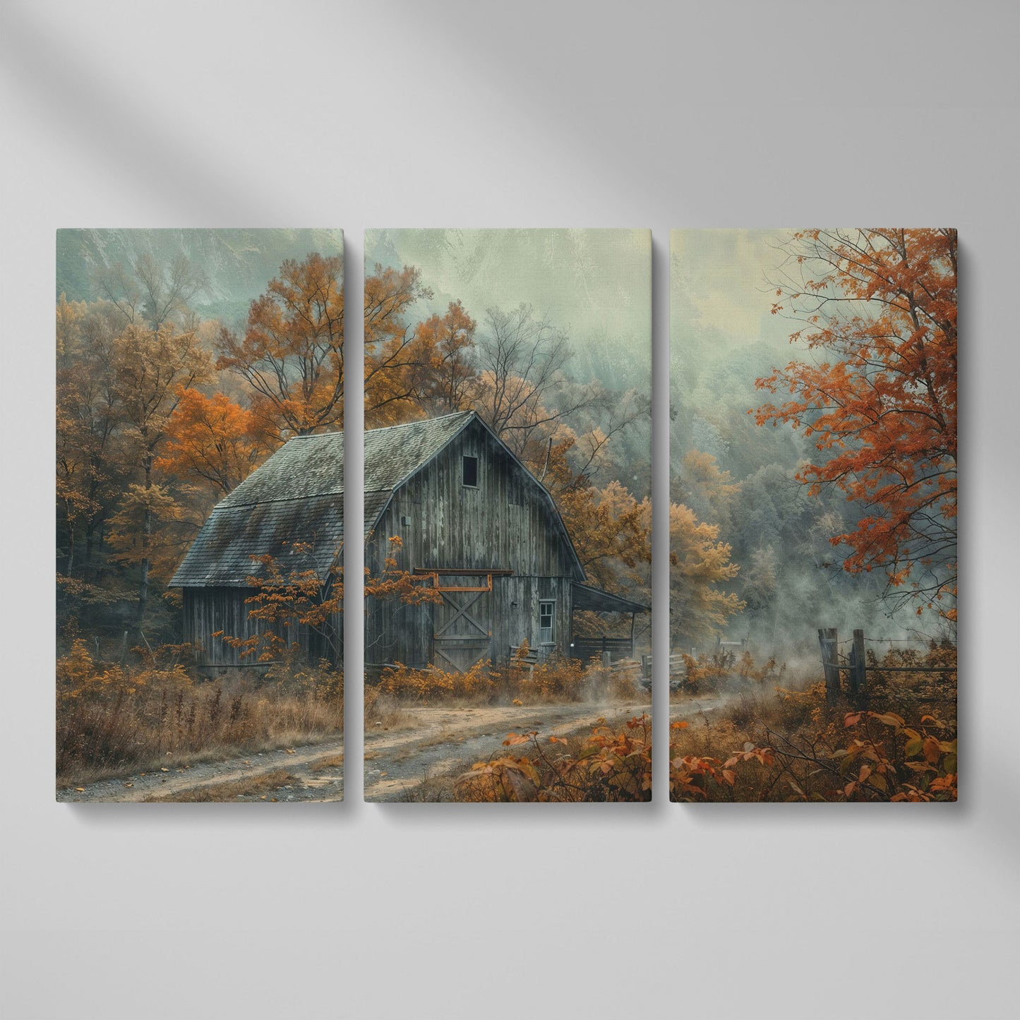 Misty Autumn Barn Landscape Canvas as 3-panel split version