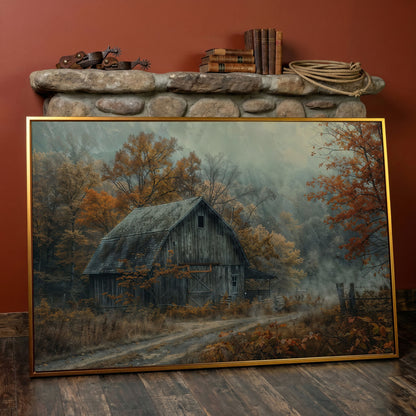 Misty Autumn Barn Landscape Canvas in antique gold floating frame