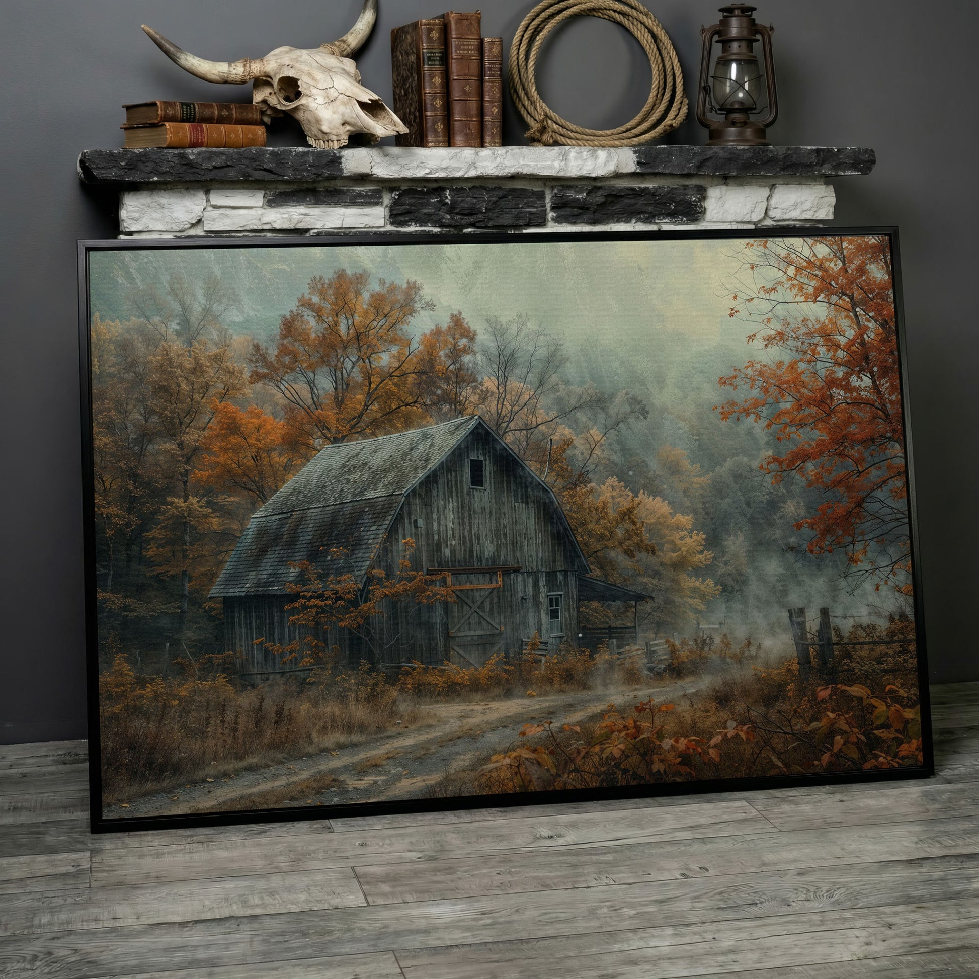 Misty Autumn Barn Landscape Canvas in black floating frame