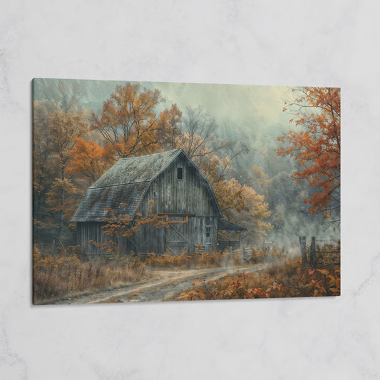 Misty Autumn Barn Landscape Canvas on gallery wrap