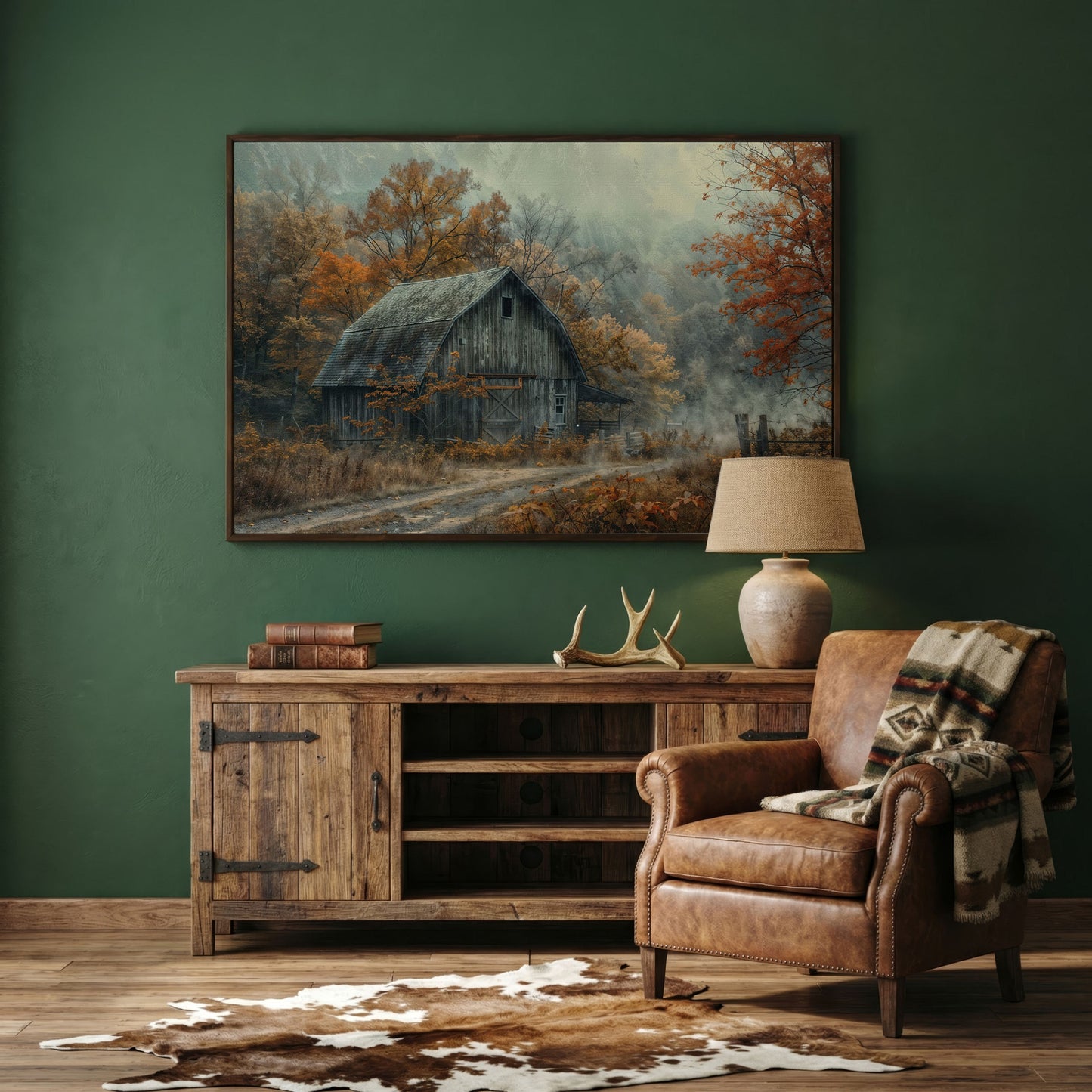 Misty Autumn Barn Landscape Canvas in dark walnut floating frame