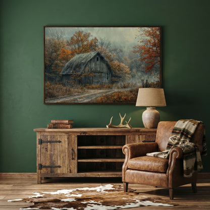Misty Autumn Barn Landscape Canvas in dark walnut floating frame