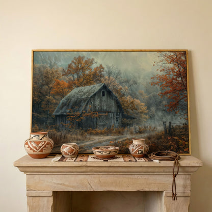 Misty Autumn Barn Landscape Canvas in white oak floating frame