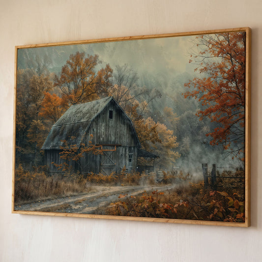 Misty Autumn Barn Landscape Canvas shown in white oak floating frame