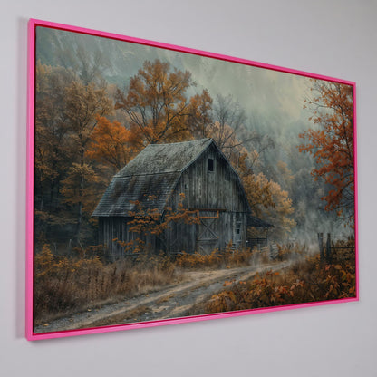 Misty Autumn Barn Landscape Canvas in pink floating frame