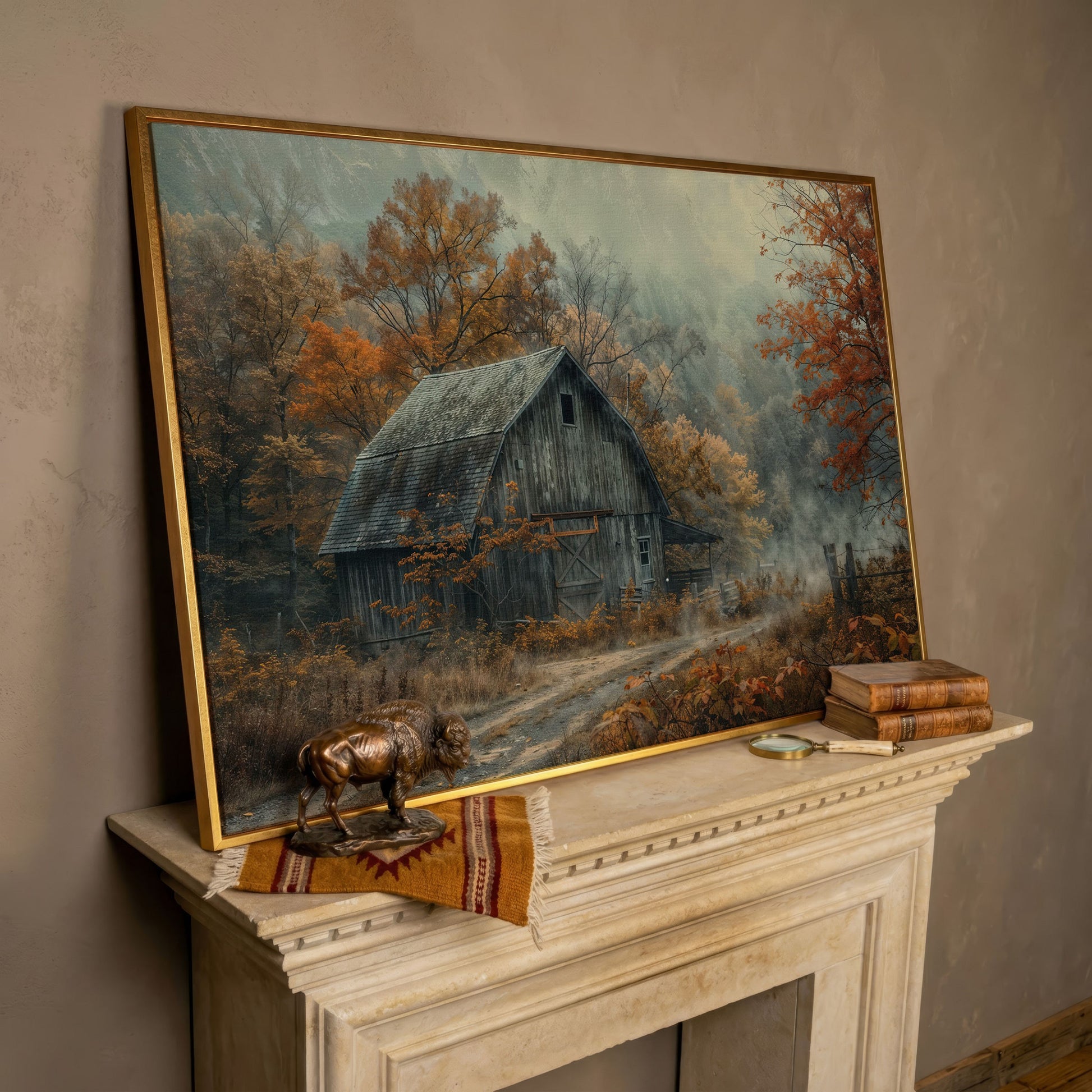 Misty Autumn Barn Landscape Canvas in rose gold floating frame