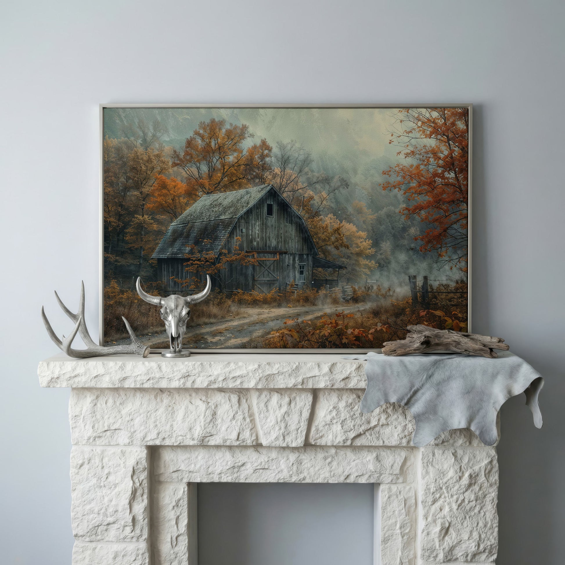 Misty Autumn Barn Landscape Canvas in silver floating frame