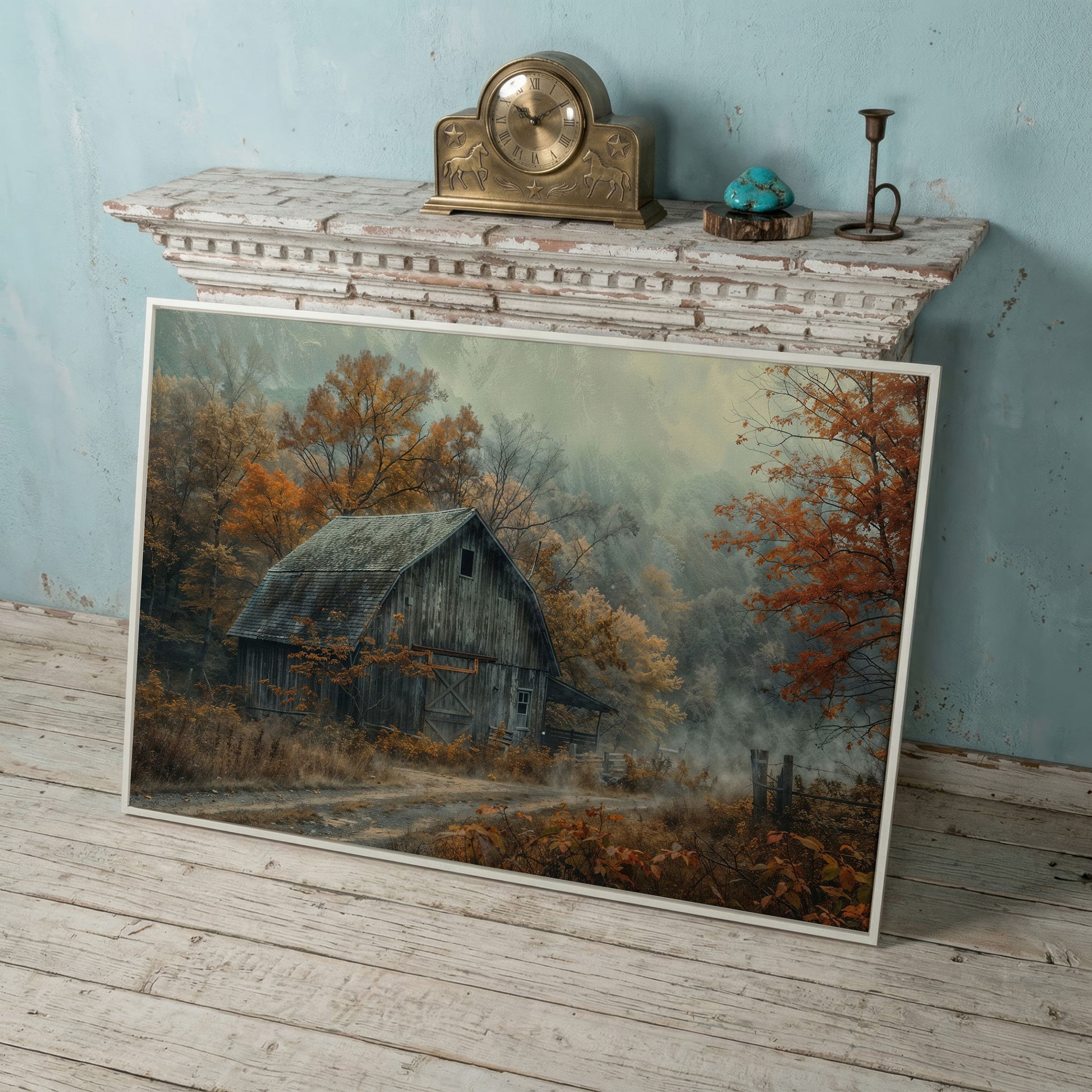 Misty Autumn Barn Landscape Canvas in white floating frame