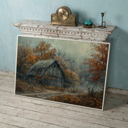 Misty Autumn Barn Landscape Canvas in white floating frame