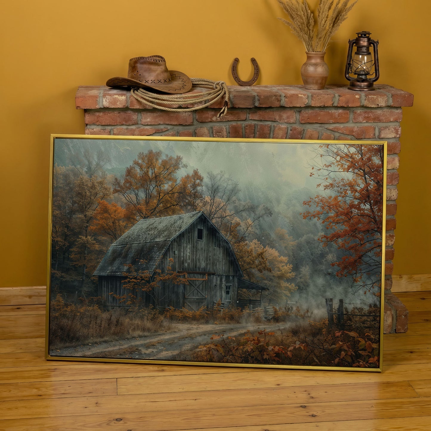 Misty Autumn Barn Landscape Canvas in yellow gold floating frame