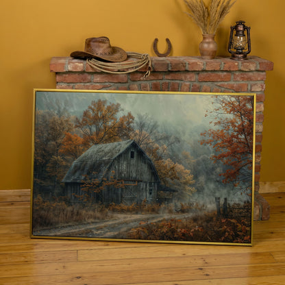 Misty Autumn Barn Landscape Canvas in yellow gold floating frame