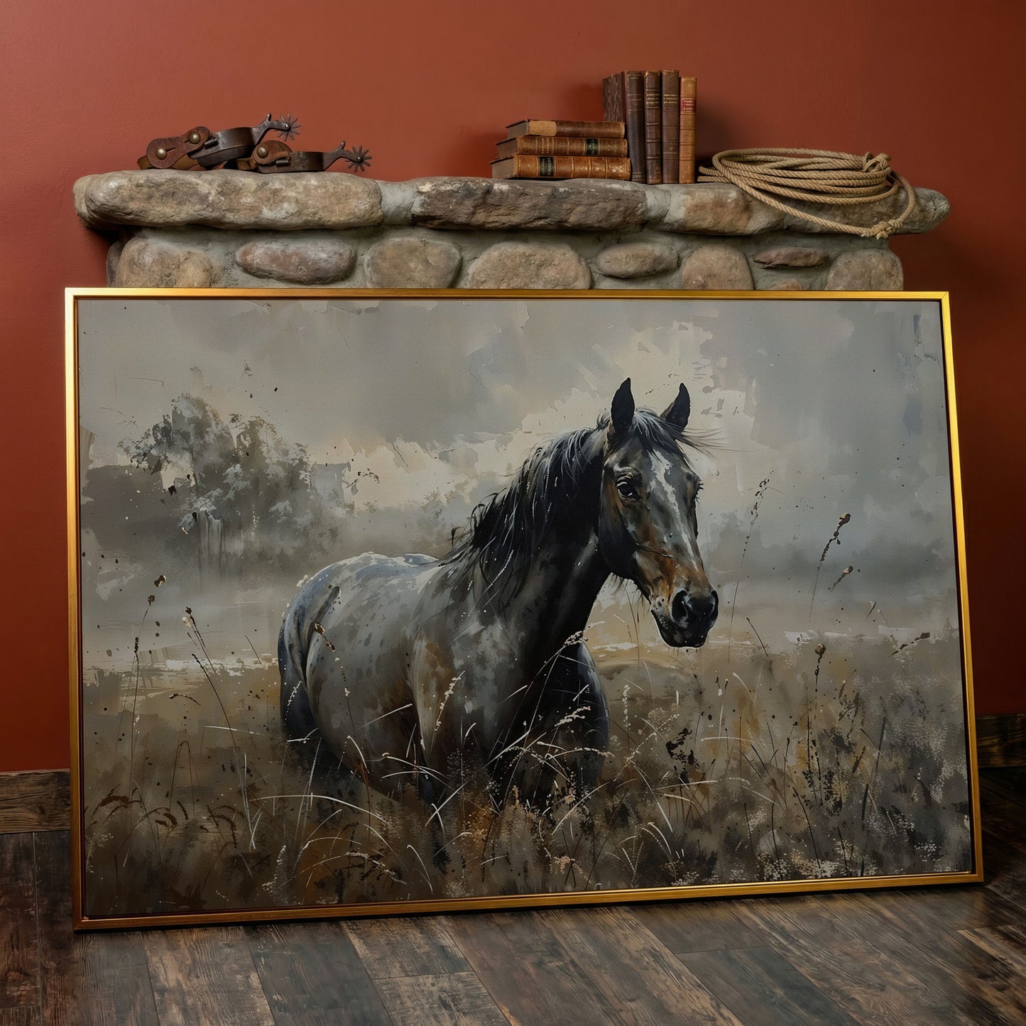 Stallion in the Pasture Canvas Print in antique gold floating frame