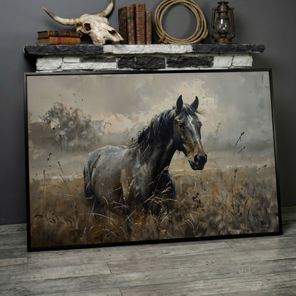 Stallion in the Pasture Canvas Print in black floating frame