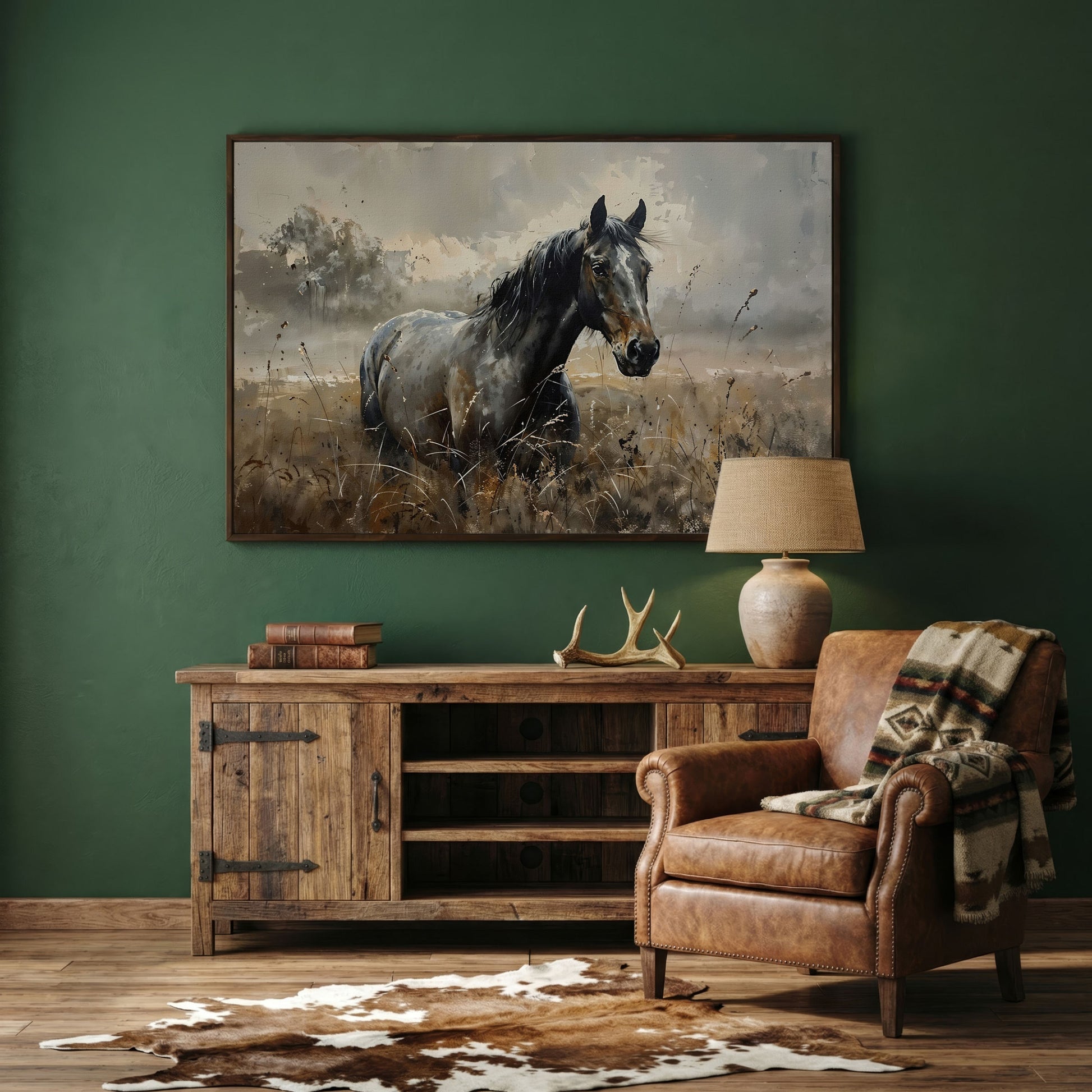 Stallion in the Pasture Canvas Print in dark walnut floating frame
