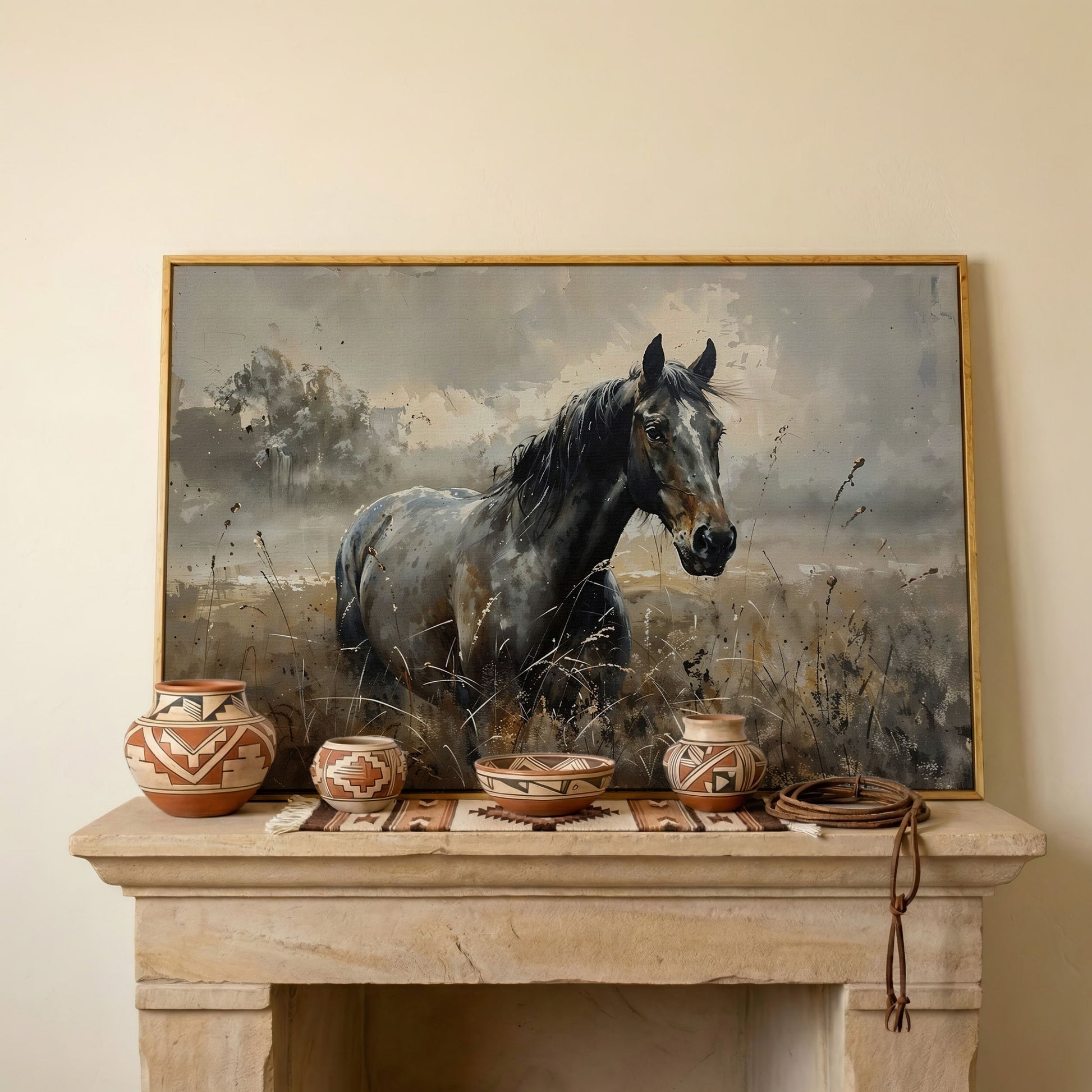 Stallion in the Pasture Canvas Print in white oak floating frame