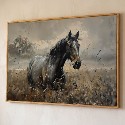 Stallion in the Pasture Canvas Print shown in white oak floating frame