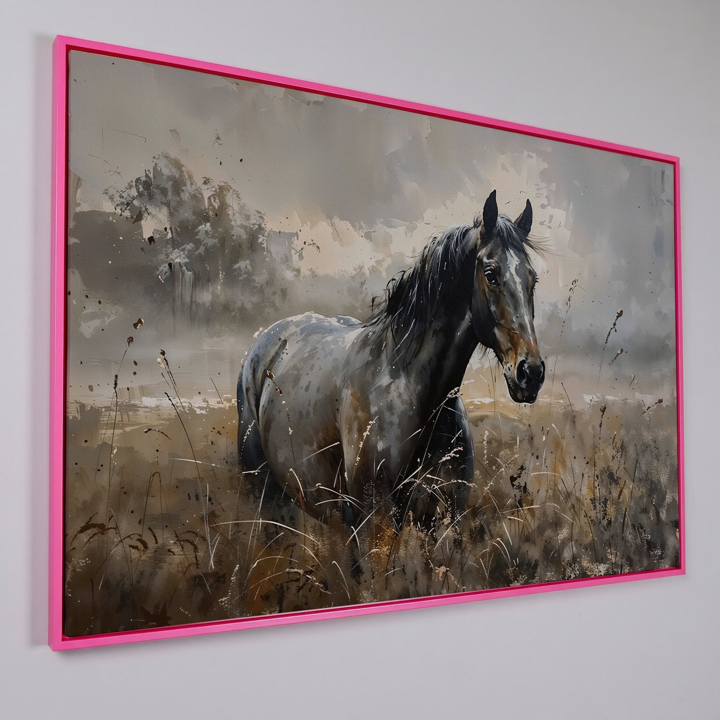 Stallion in the Pasture Canvas Print in pink floating frame