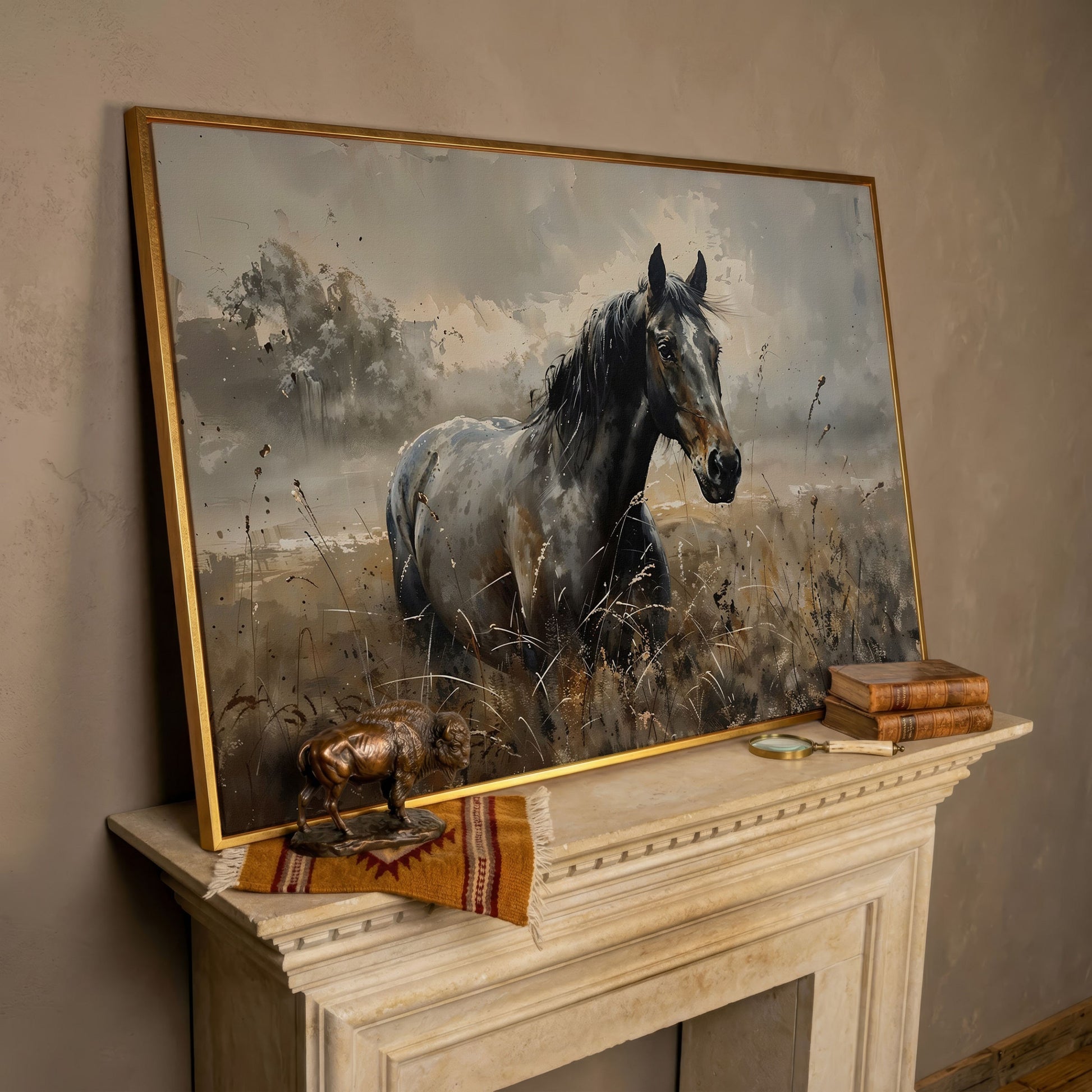 Stallion in the Pasture Canvas Print in rose gold floating frame