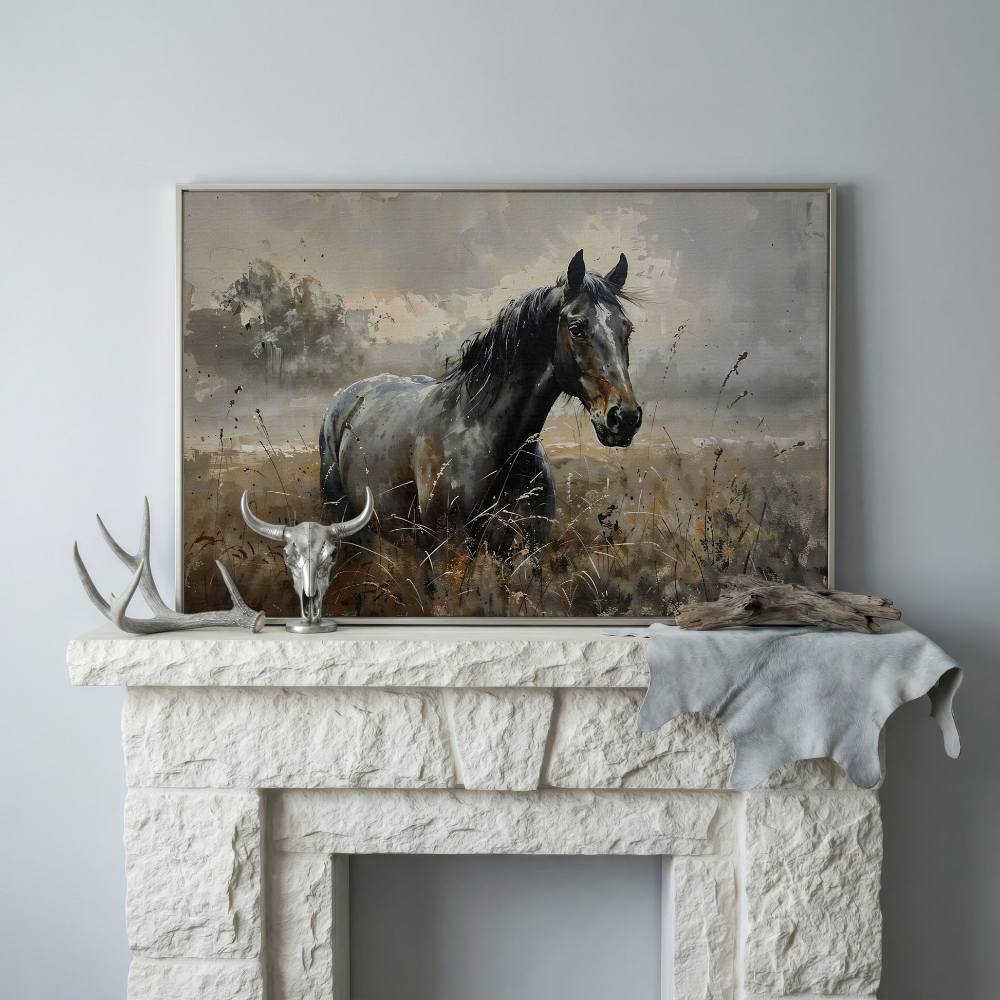 Stallion in the Pasture Canvas Print in silver floating frame