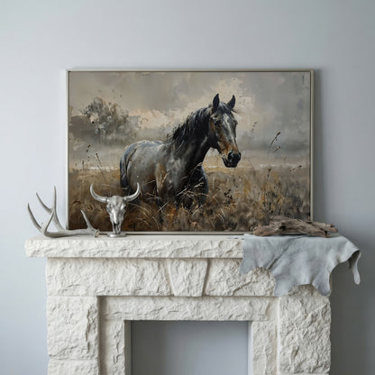 Stallion in the Pasture Canvas Print in silver floating frame