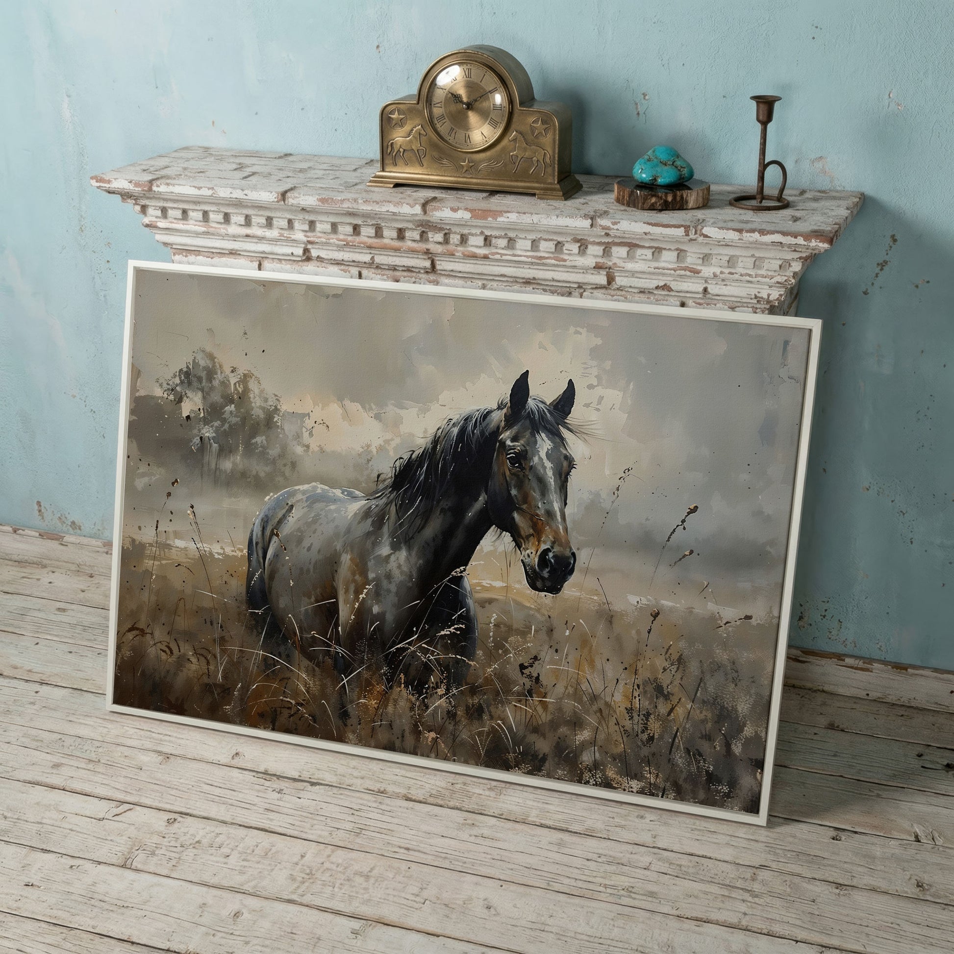 Stallion in the Pasture Canvas Print in white floating frame