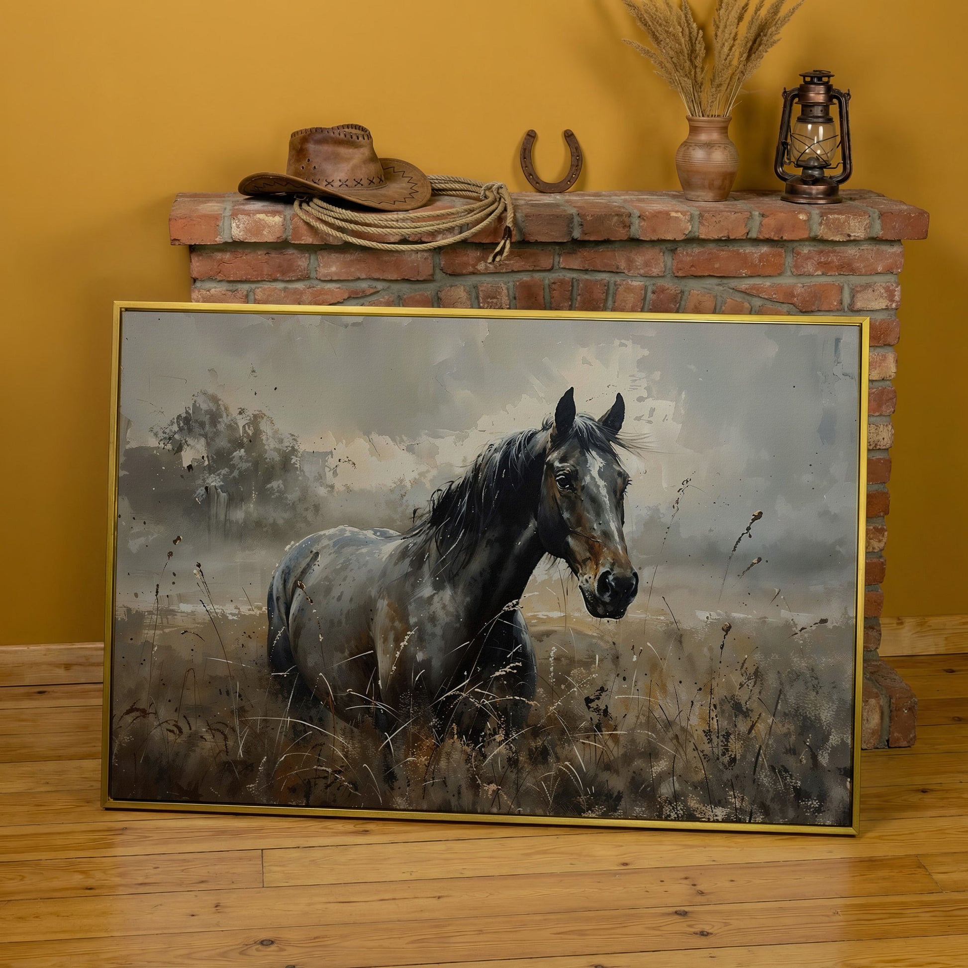 Stallion in the Pasture Canvas Print in yellow gold floating frame