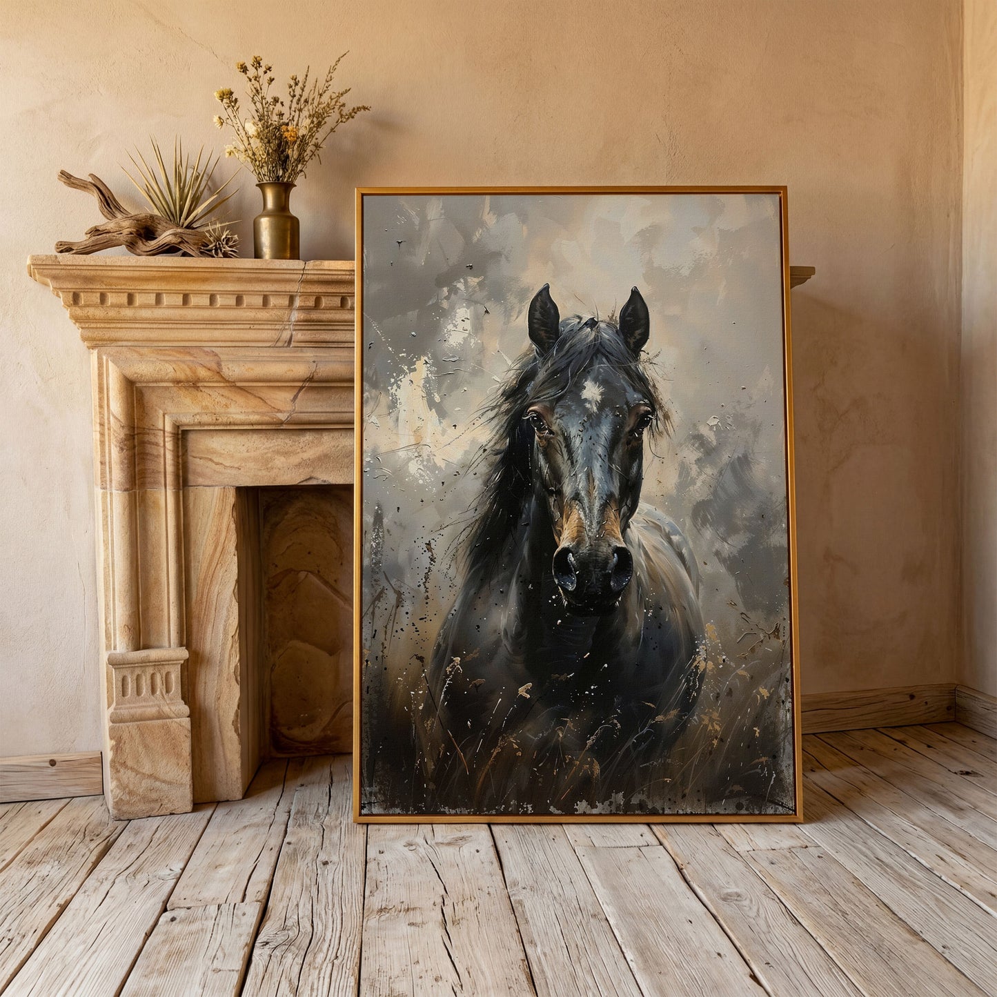 Black Horse Portrait Canvas Art with Rustic Expressiveness in antique gold floating frame