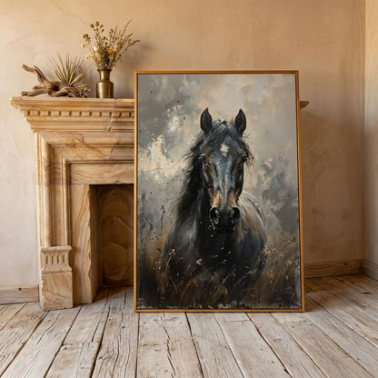 Black Horse Portrait Canvas Art with Rustic Expressiveness in antique gold floating frame