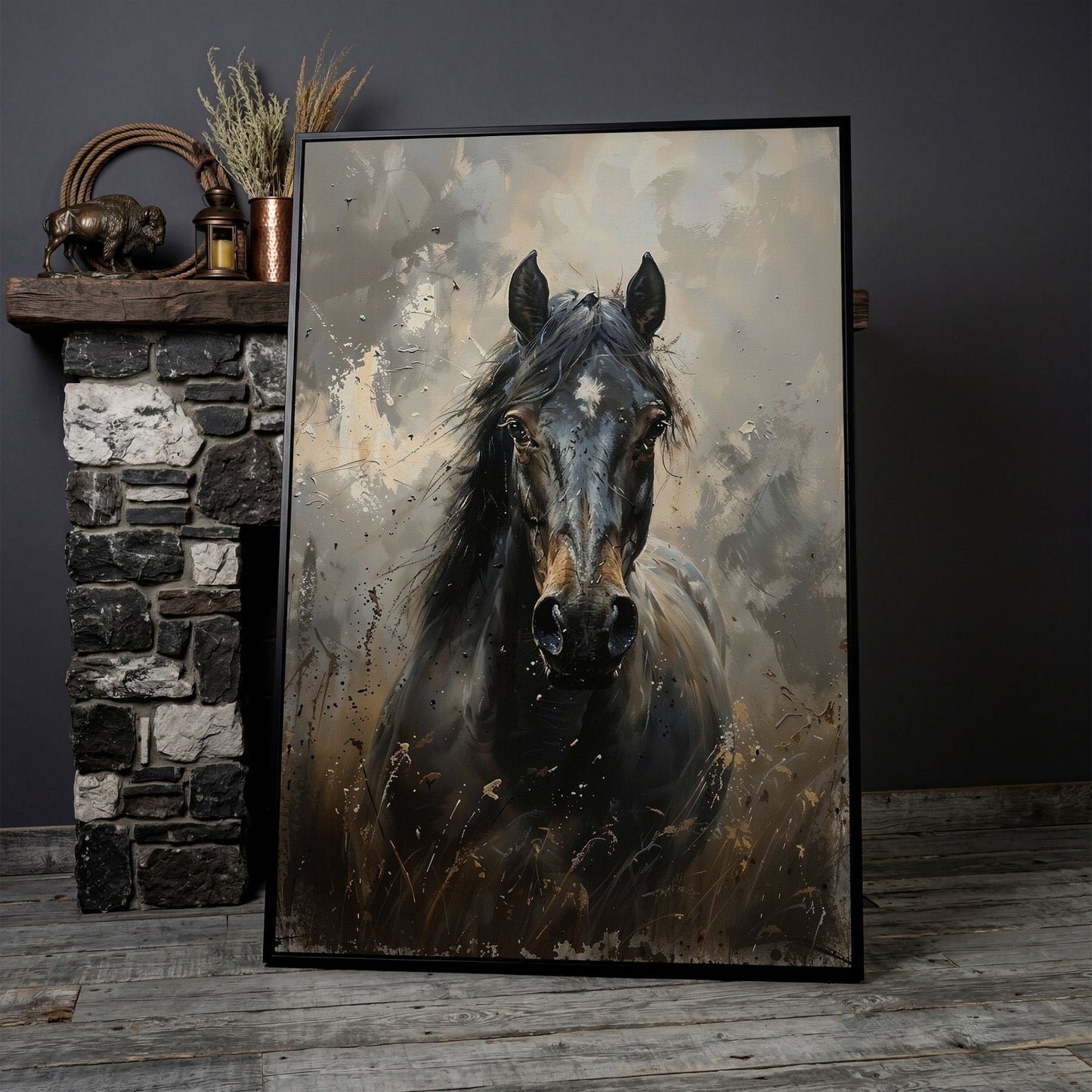 Black Horse Portrait Canvas Art with Rustic Expressiveness in black floating frame