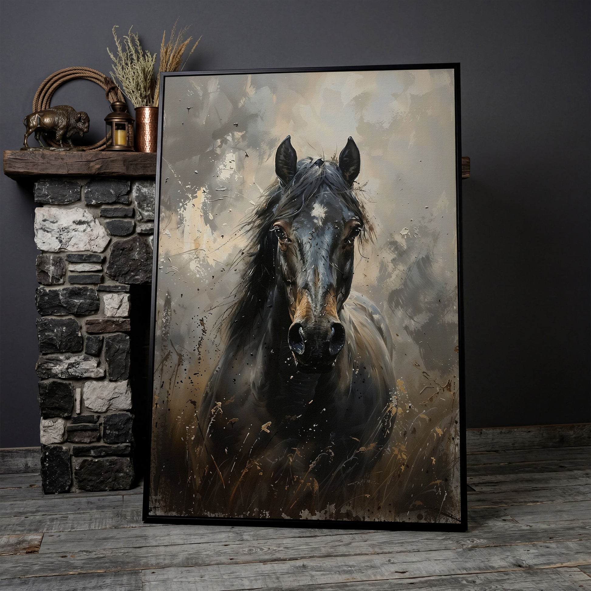 Black Horse Portrait Canvas Art with Rustic Expressiveness in black floating frame
