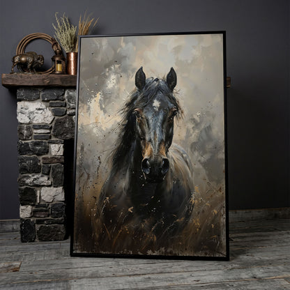 Black Horse Portrait Canvas Art with Rustic Expressiveness in black floating frame