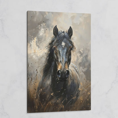 Black Horse Portrait Canvas Art with Rustic Expressiveness on gallery wrap