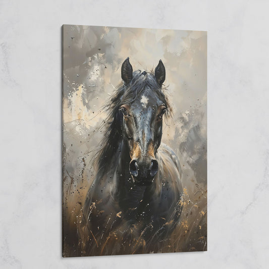 Black Horse Portrait Canvas Art with Rustic Expressiveness on gallery wrap
